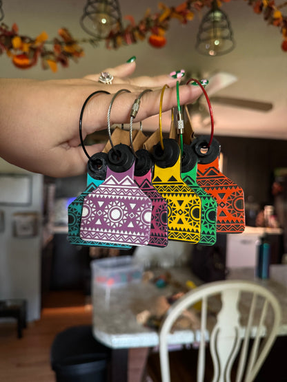 Colorful Aztec Cow Tag Keychains