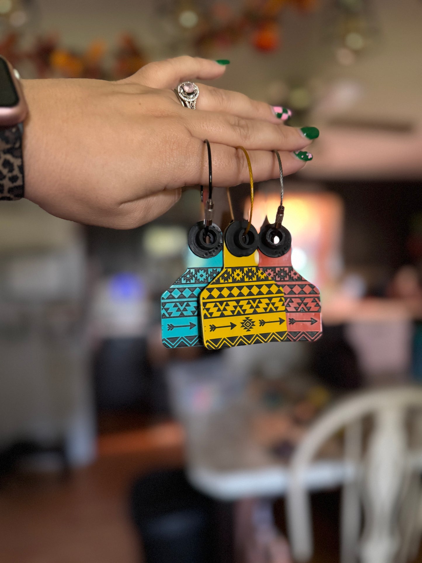 Colorful Aztec Cow Tag Keychains