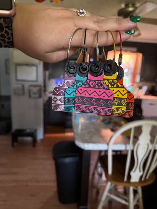 Colorful Aztec Cow Tag Keychains